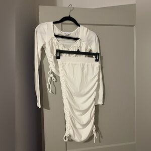 White Ruched Long-Sleeve Crop Top & skirt set